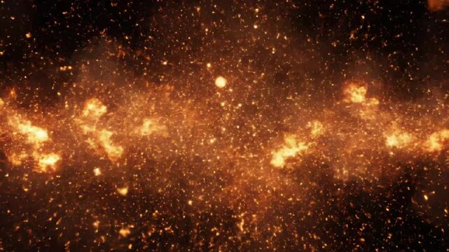 Fire sparks fly as two flames collide in an intense display of heat and energy in a dark space