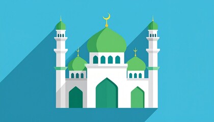 Fototapeta premium Islamic mosque with green domes and crescent moon illustration on blue sky background