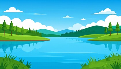 Fototapeta premium Serene mountain lake with lush green forest and clear blue sky summer landscape