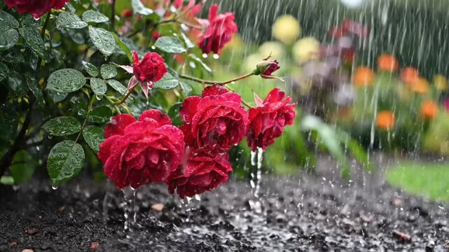 Red roses with water droplets in garden during rain in spring season captured close up