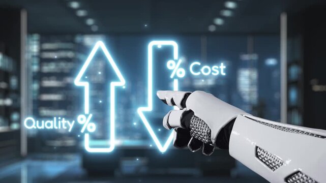 A robotic hand gestures towards visual indicators of quality and cost within a sleek office environment, illustrating the intersection of technology and business metrics. Auvana