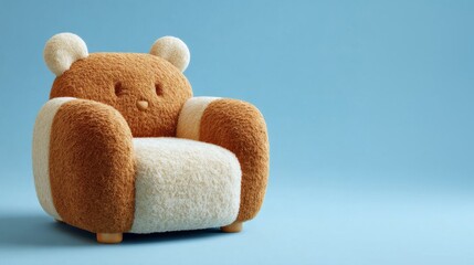 Plush teddy bear style armchair with soft brown and beige upholstery placed against a minimal blue background.
