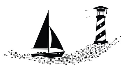 Sailboat sailing near a lighthouse on a stylized wave