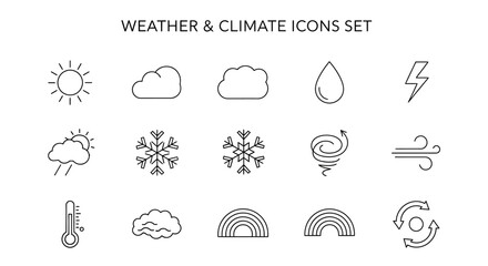 Fototapeta premium Collection of delicate line art icons representing various atmospheric phenomena and natural weather conditions on transparent background