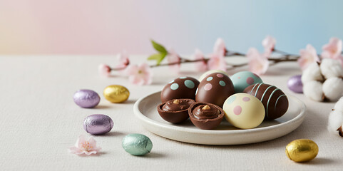 Modern Easter Tabletop Scene with Artisan Chocolate Eggs