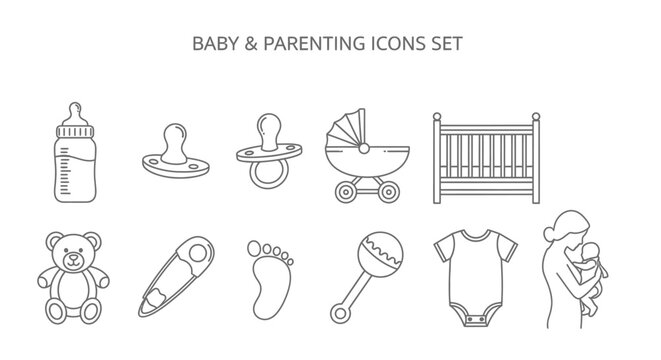 Collection of essential line art icons representing various baby care items and parenting necessities on transparent background