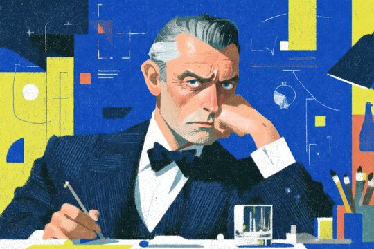 Flat style vector illustration of a creative businessman in a blue patterned suit and yellow glasses writing in a book, representing digital content creation, professional planning, and artistic
