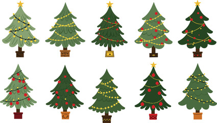 Cartoon set of decorated Christmas trees with stars, lights, and ornaments, festive holiday symbols isolated on white background.