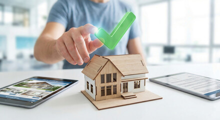 finger touching a glowing green checkmark above a miniature house model