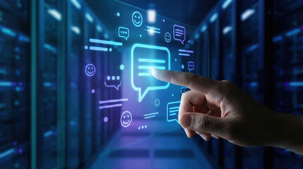 A finger touching a glowing message bubble icon, neon chat symbols floating around