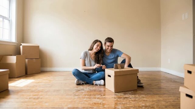 Happy woman and man reviewing documents on a phone while sitting on floor in their new empty apartment with moving boxes.
