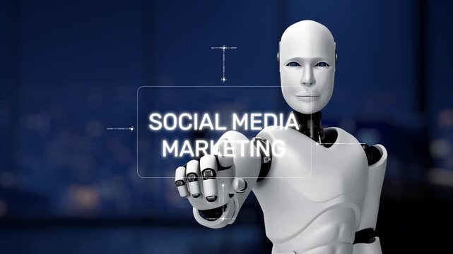 Innovative robot showcases social media marketing through interactive digital elements, emphasizing email, video, and advertising strategies in a sleek environment. Synapse