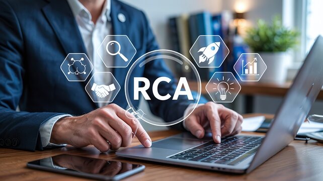 RCA Root Cause Analysis Unlocking Insights Business Graphic with Female Professional Working on Laptop for Problem Solving and Process Optimization
