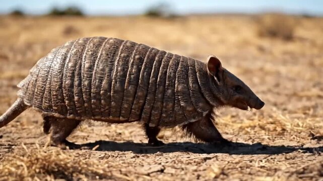 Armadillo with characteristic armored shell walking across dry cracked earth under bright sunlight in an arid landscape environment
