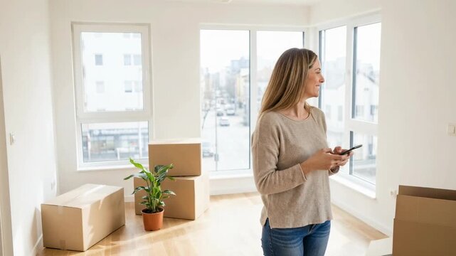 Woman with smartphone in new apartment with unpacked boxes and plants, happy about home ownership and connection.