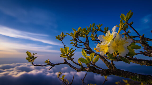 AI generator images of  plant commonly found on high mountain peaks, the Yellow Mai Flower (Chang Naow Flower) is a symbol of good fortune and prosperity.