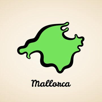 Green simplified map of Mallorca with black outline.
