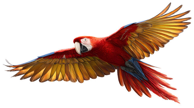 Vibrant red macaw parrot in flight with colorful wings spread wide isolated on transparent background