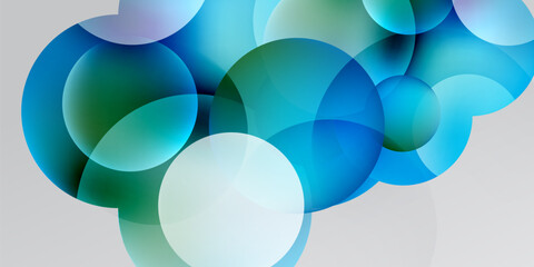 Abstract circles overlap, creating vibrant blue, teal, white gradients. Minimalist design, smooth transitions, modern aesthetic.