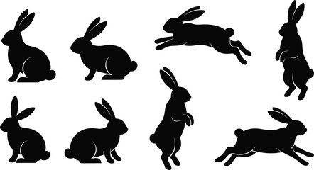 Fototapeta premium Silhouettes of eight rabbits in varied poses including sitting, crouching, standing upright, and leaping for wildlife and design themes