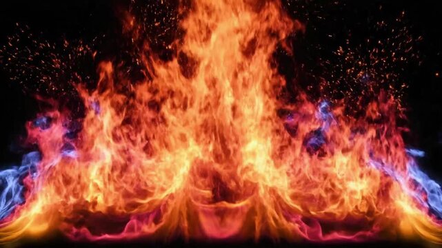 Fire flames dance in bright colors against a dark background creating a dynamic visual display for viewers to enjoy