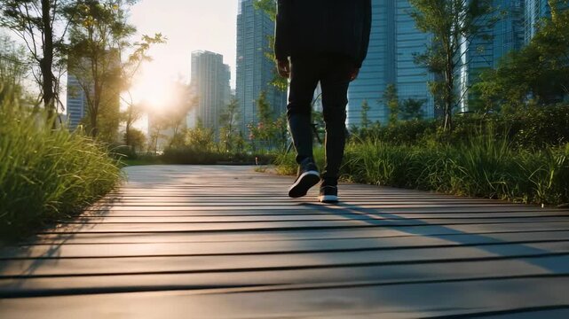 Morning sunlight illuminates a peaceful city park as a solitary figure strolls along a wooden boardwalk. The scene captures harmony between urban life and natural beauty