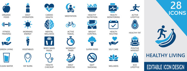 modern healthy living solid icon set for, healthcare, balance, fitness, routine, mental, wellness, meditation, and biohacking symbols. © Nagma
