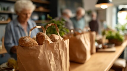 Elderly Individuals Engaging in Cooking with Fresh Bread on a Wooden Table Surrounded by Natural Light and Greenery