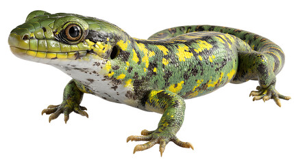 Obraz premium A green and yellow lizard with distinctive markings on its body standing isolated on transparent background