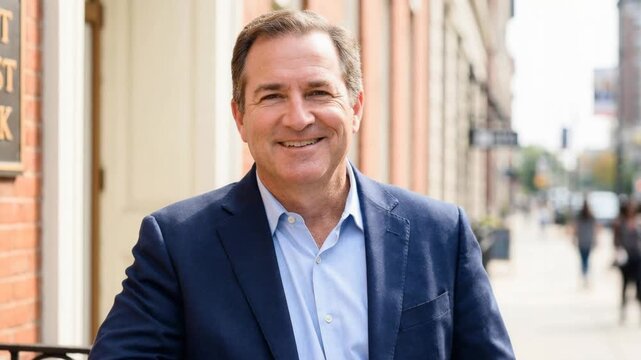 Confident caucasian man in suit smiles outside bank, embodying connectioneering for financial planning and stable economic future.
