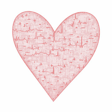 Heart-shaped Diagram Illustrating Electrocardiogram Patterns on Red Grid Background, Symbolizing Cardiovascular Health and Emotional Significance