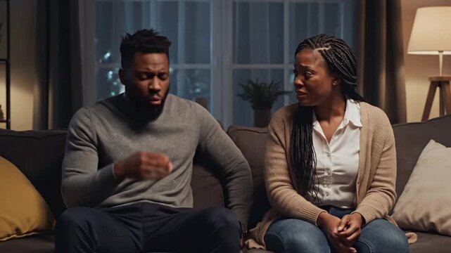 Couple talks about their differences and feelings in a living room during evening time