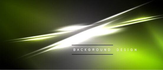 Naklejka premium Abstract design features vibrant green, gray, white streaks. Dynamic lines create modern, energetic visual impact. Simple text overlay present.