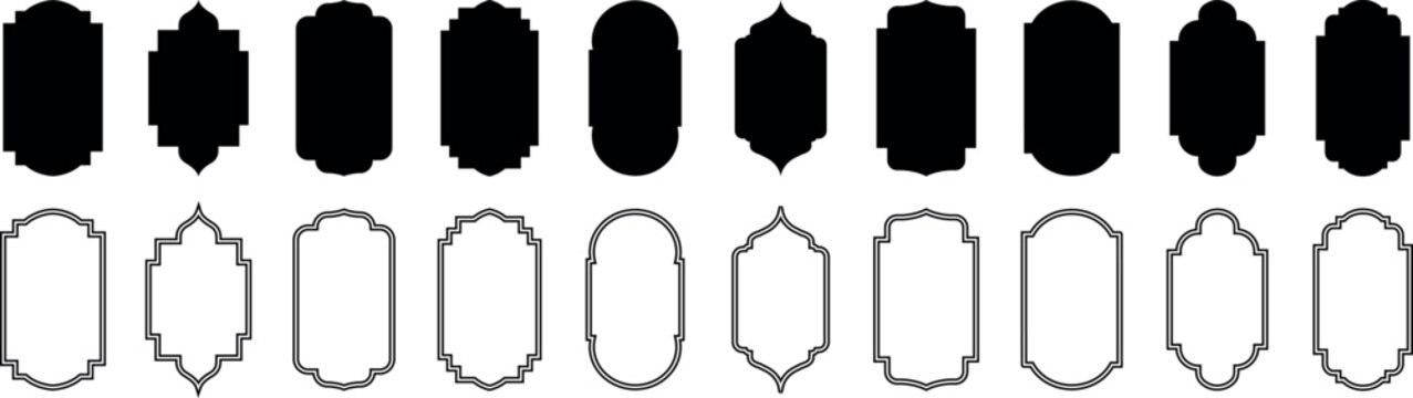 Islamic frames shapes badges. Arabic label frames. old mosque windows shape in oriental style islamic door, ramadan kareem set stylish frame, graphic style abstract shapes templates for social media.