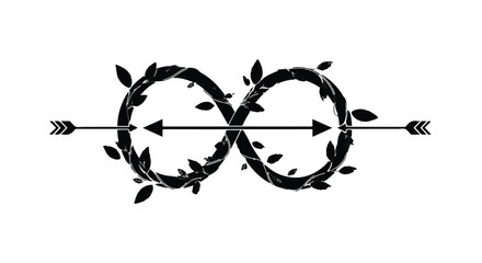 Symbolic infinity sign with arrow and leaves on white background