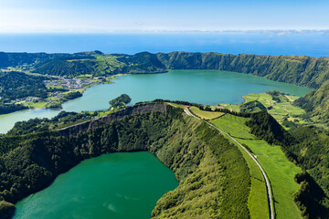 Crater valley of Sete Cidades, beautifull lakes on the island of Sao Miguel, Azores, Portugal. Aerial view
