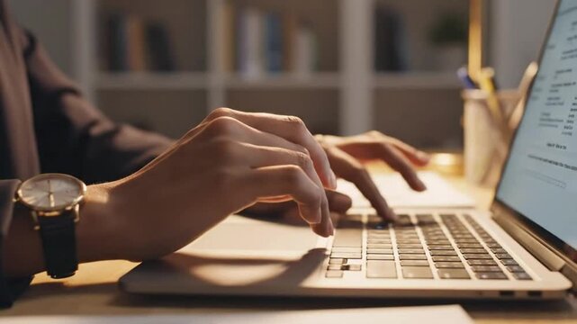 Person types on a laptop at a desk with documents and a pen nearby in an indoor setting during daytime