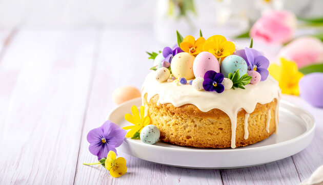 Osterkuchen mit pastellfarbenen Eiern und Blumen auf hellblauem Hintergrund