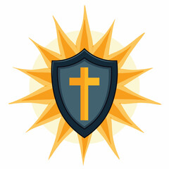 Fototapeta premium Illustration of a Protective Shield with a Christian Cross Symbol Set Against a Radiant Sunburst Background Representing Faith, Protection and Spirituality