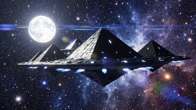 Spaceship with pyramids flies through space under bright moon in a starry sky