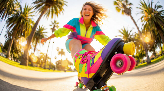 A wide-angle photo of a happy young woman rollerblading in a bright 80s-style neon windbreaker against a backdrop of palm trees