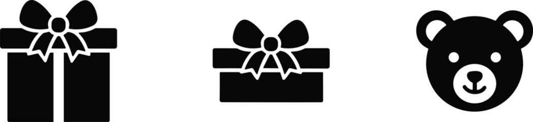 Black and white icons of gift boxes and a teddy bear face Keywords: gift box, present, teddy bear, bear face, icon, symbol