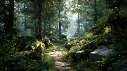 Obraz premium Serene Jogging Experience:Discover Tranquility on a haded Forest Trail Perfectfor Nature Enthusiasts andFitness Seekers