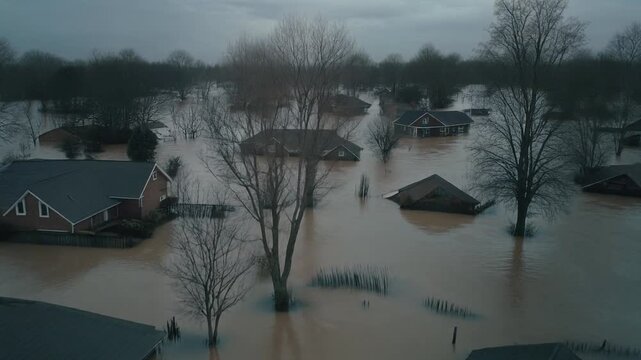 neighborhood submerged in flood waters, rooftops barely visible