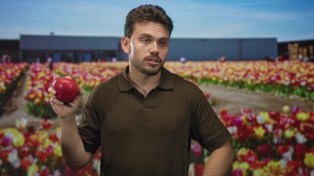 Man holding a red apple and grimacing while lifting it in front of a building beside rows of tulip flowers in a field; disgust rejection.