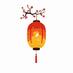 Obraz premium Elegant Chinese Lantern with Cherry Blossom Branch and Glowing Light Depicting Traditional Cultural Design Elements and Festive Atmosphere