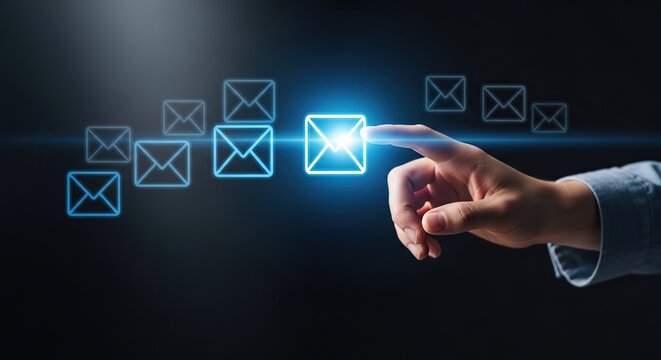 Hand reaching out to touch a glowing email icon with multiple floating emails.