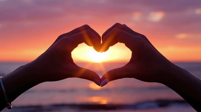 Hands shape heart at sunset on the beach with orange and pink hues over the ocean