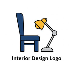 Minimalist flat design logo concept featuring a blue chair and an adjustable yellow desk lamp, perfect for interior design or furniture business branding.