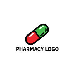 Simple red and green capsule pill logo icon for pharmacy, medical or health concepts, isolated on white background.